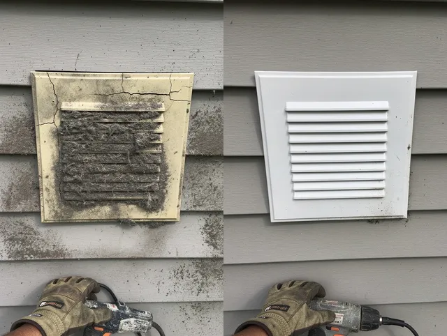 Newington Dryer Vent Cleaning technician installing high-quality dryer vent cover at a residential property in Newington