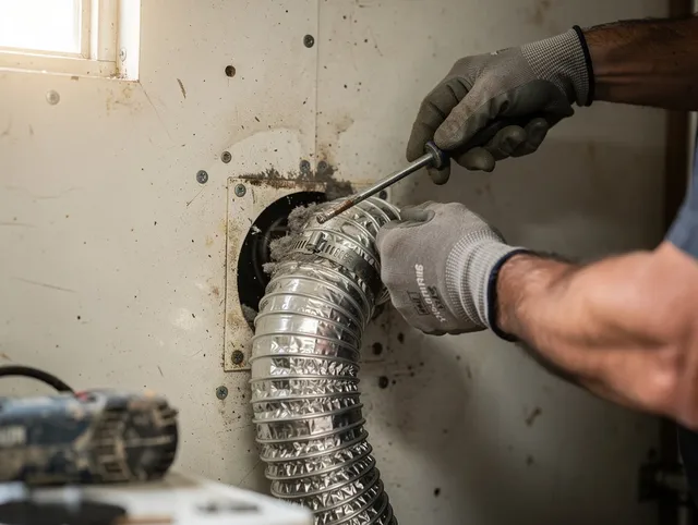 Newington Dryer Vent Cleaning technician performing precise dryer vent hose installation in Newington